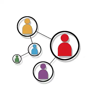 Ayo Ola Fundraising Consultant Decorative image of Abstract network diagram with colored circles connected by lines, each containing a simple human figure icon in different colors, illustrating the social media management framework.