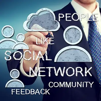 Ayo Ola Fundraising Consultant Decorative image of A person in a suit draws social network-related words like "people," "community," and "feedback" on glass, intertwining cloud and user icons with elements of social media management.