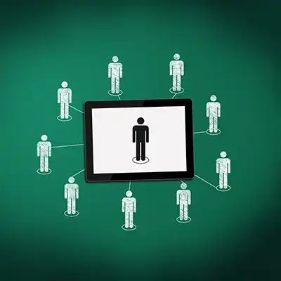 Ayo Ola Fundraising Consultant Decorative image of A tablet displaying a person icon is seamlessly connected to several other person icons in a circular network on a green background, illustrating the dynamics of social media management.